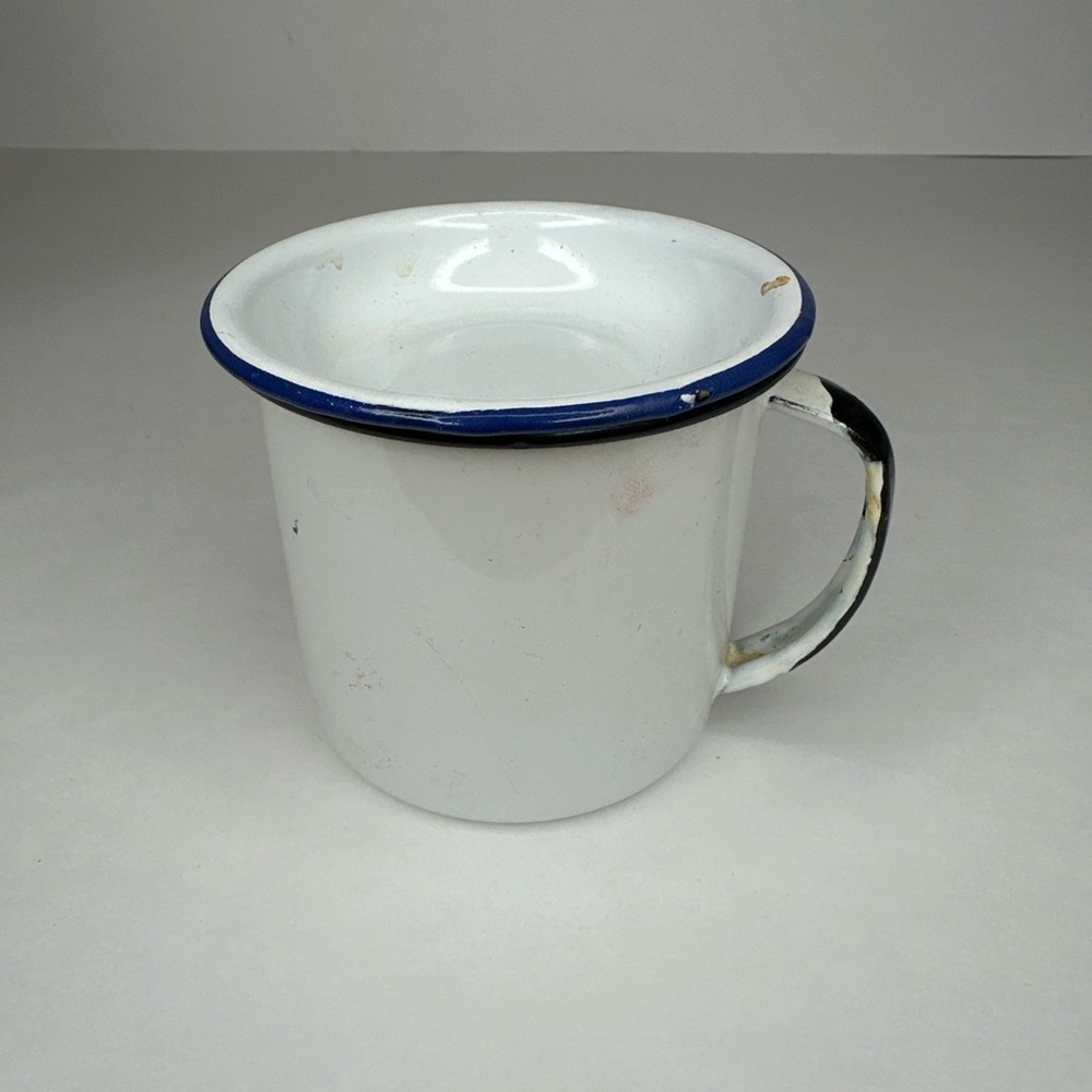 Vintage White Enamelware Mug Black Trim With Lid Blue Trim Retro Kitchen Camping